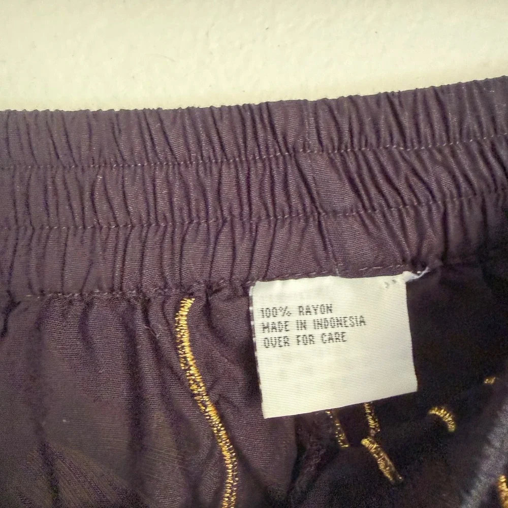 Vintage Black Gold Embroidered Rayon Midi Skirt Scalloped Hem Bohemian Size M L